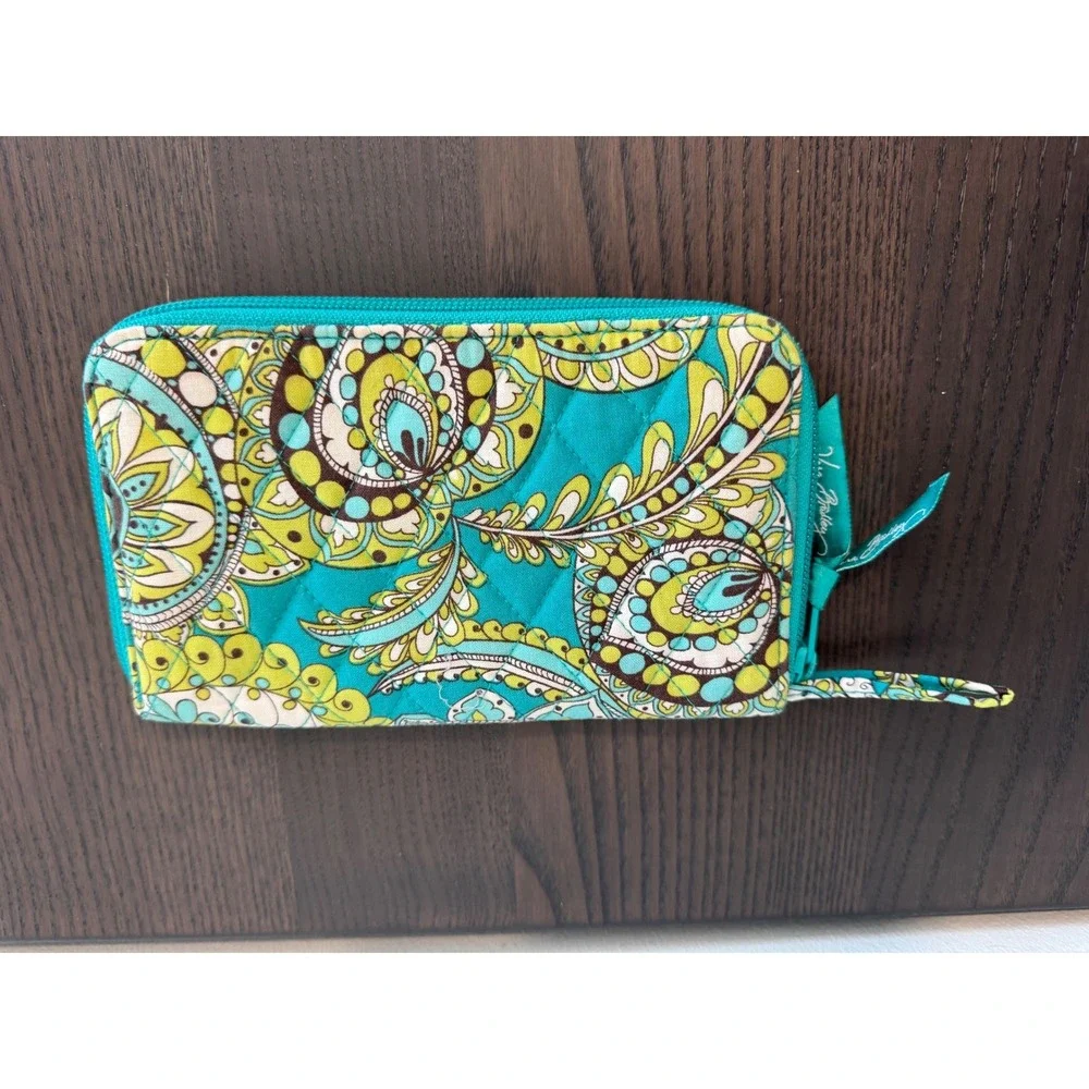 Vera Bradley Zip Around Wallet Womens Teal Paisley Quilted Cotton
